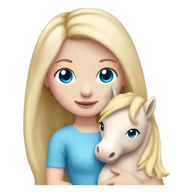 Blonde, pale skin, blue eyes girl wearing a pink dress cuddling her pony stuffed animal. sticker