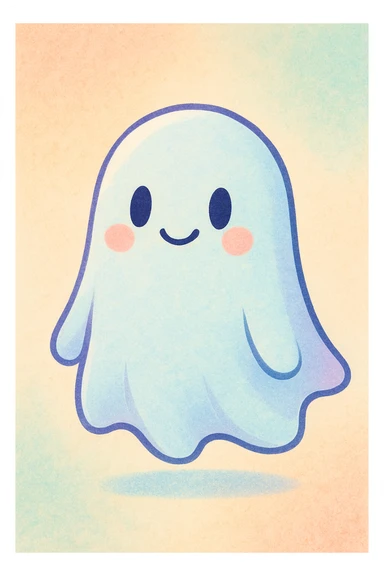 soul, stylized cartoon ghost, gentle smile, pastel colors, simple, friendly sticker