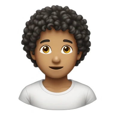 a boy with a curly hair and a musk and a black t-shirt sticker