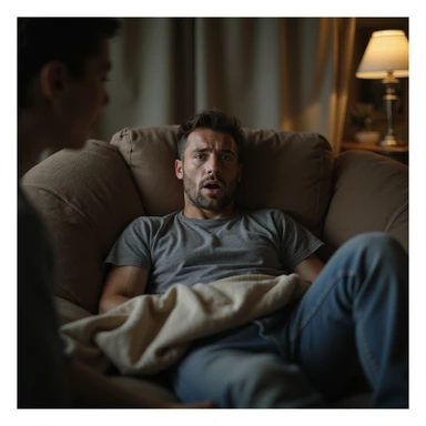 Hyperrealistic 4K image of a man lying on a sofa complaining exaggeratedly, gaze directed at a person off-frame, dramatic expression, blanket on legs, domestic atmosphere, highly detailed. sticker