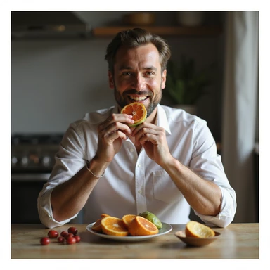 hyperrealistic 4K man isolated on white background having breakfast, eating fresh fruit, natural pose, realistic details, variant 5 sticker