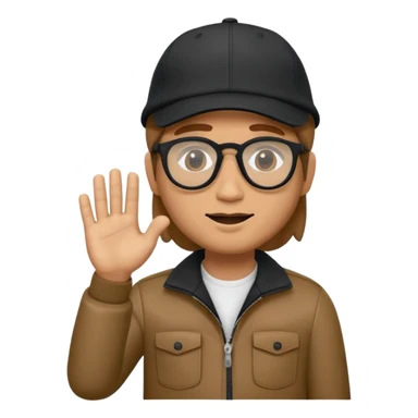 el Memoji es un personaje masculino con cabello castaño, gafas y una gorra blanca. Tiene la mano levantada como si estuviera diciendo "stop" o "espera". sticker