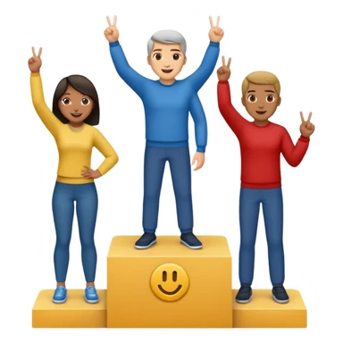 three casually dressed multi-racial people on a winners podium with the center step higher, no numbers, center person holding up one finger on each hand, left person holding up two fingers on each hand, right person holding up three fingers on each hand, cheerful expressive emoji style sticker