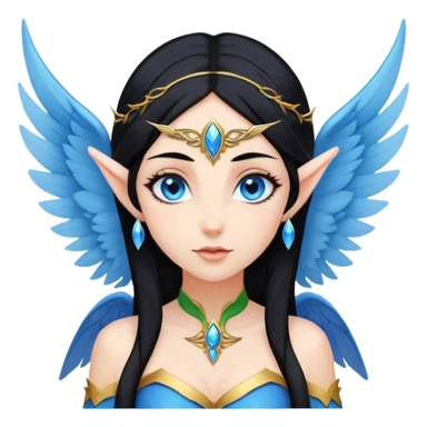 A goddess with black hair, elf ears, blue eyes and wings sticker