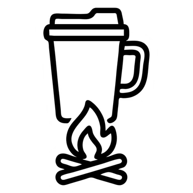 travel mug on a fire, outlined icon style, no fill sticker