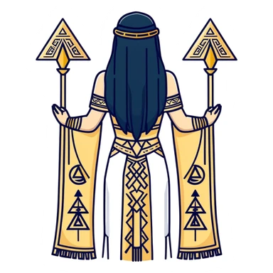 back view of Anunnaki goddess Inanna with straight long black hair and ancient Sumerian symbols embroidered on her ceremonial dress sticker
