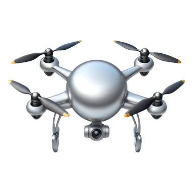 A futuristic drone emoji made of polished silver chrome, smooth rounded body, minimal propellers, reflective metallic surface, soft studio lighting, iOS emoji style, centered, clean white background sticker