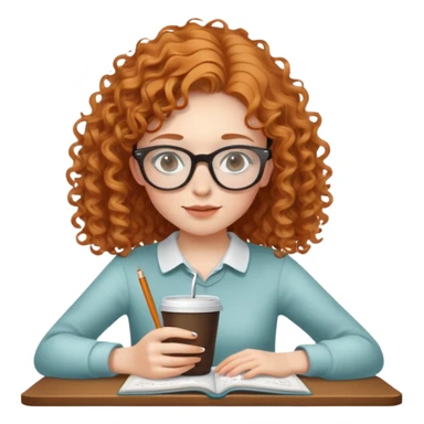 girl with curly slightly ginger hair with transparent glasses writing a script on a notebook and drinking coffee sticker