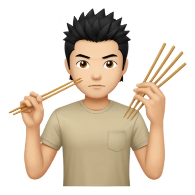 Make it a vietnamese male with spiky black hair holding only ONE pair of chopsticks, t-shirt sticker