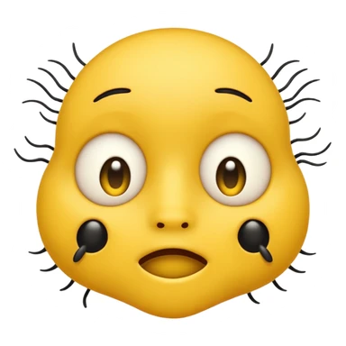 😊🥺 these emojis but with flies around it and its happy yellow face emoji black eyes like the 4th image but its cuter remove the nose make the eyes bigger and close its mouth sticker
