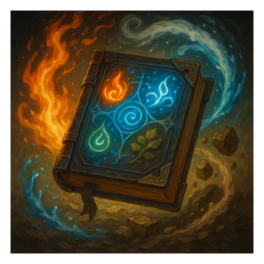a magical elemental book, glowing with arcane symbols, surrounded by swirling elements of fire, water, earth, and air, in a fantasy illustration style sticker