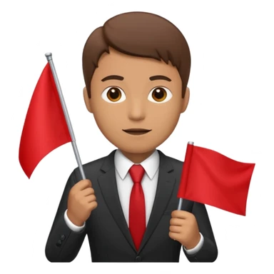 man in a suit holding a blank red flag sticker