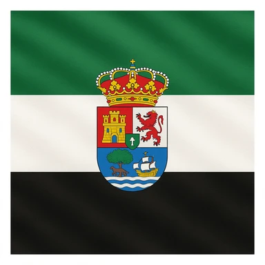 the flag of Extremadura, Spain, with three horizontal stripes: green, white, and black, and the coat of arms of Extremadura in the center sticker