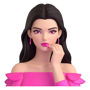 Kendall Jenner supermodel, longer face, long dark hair, bright pink glossy lipgloss, rosy pink blush, sharp winged eyeliner, bare shoulders sticker