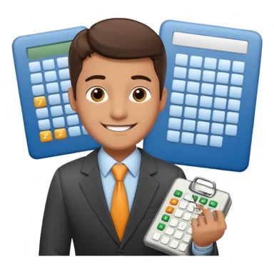 male aUDITOR smiling with spreadsheet and a calculator, emoji, ADD A puzzle and a Balance for accounting sticker