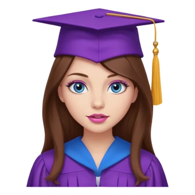 girl with gorgeous long brown hair, blue eyes, long lashes makeup, sexy pink lips, wearing a purple graduation cap and gown sticker