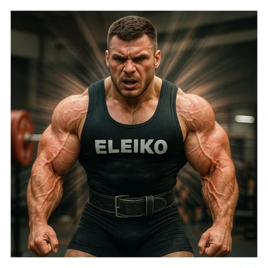 European powerlifter in competition clothing, visibly hypertrophic and growing muscles with expansion visual effect, reddened and inflamed arm tendons, tense atmosphere, realistic details, gym background sticker