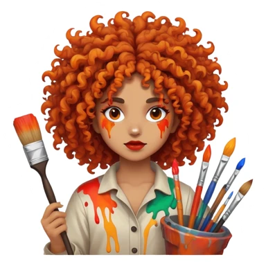 Artistic character with crazy wild hair, creative chaotic vibes, holding paint brushes and surrounded by intense fiery artwork sticker