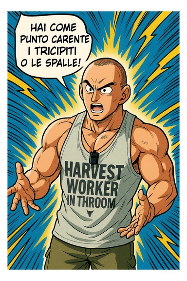 Personal trainer che dice al suo allievo, "hai come punto carente i tricipiti o le spalle!" Stile manga di Dragon Ball sticker