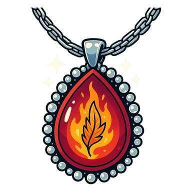 A teardrop ruby pendant with fiery light, a tiny phoenix feather emerging, haloed by shimmering white stones, and a silver chain like liquid moonlight sticker