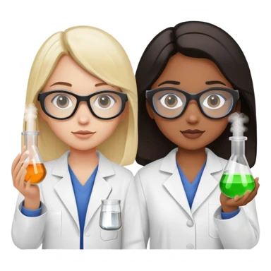 two white blonde girls, one brown girl with long brown hair, and one light black girl with short black hair in lab coats and safety goggles holding beakers and test tubes sticker