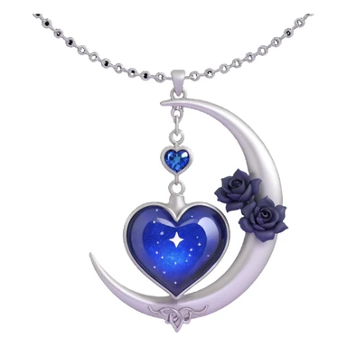 gothic heart, midnight blue glass, silver crescent moon, tiny black roses, shimmering stardust, with a silver chain wrap sticker