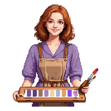 Serene female oil painter, Caucasian features, shoulder-length auburn hair, soft brown eyes, gentle smile, wearing a violet painter’s smock lightly stained with paint over a beige blouse, holding a wooden palette with vibrant colors in one hand and a brush in the other, waist-up, front-facing sticker