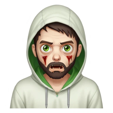 zombie with shocked expression, undercut hairstyle with dark brown hair, short full beard, heterochromia with one green eye and one brown eye, wearing plain white hoodie with hood up sticker