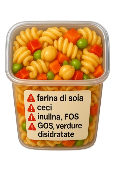 SU QUESTO STILE FAI UN EMOJI STILE IPHONE 3D DI UN insalata di pasta precotta preconfezionata con ETICHETTA CON GLI INGREDIENTI SCRITTI, "farina di soia, ceci, inulina, FOS, GOS, verdure disidratate" accanto ad ogni nome scritto mettici un segnale di allarme, FALLO MOLTO REALISTICO IN 3D sticker
