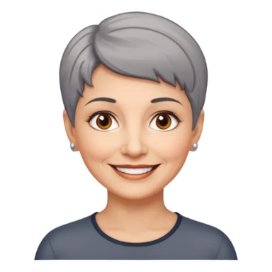 woman 60 years old, shaved short dark grey hair, brown eyes smile sticker