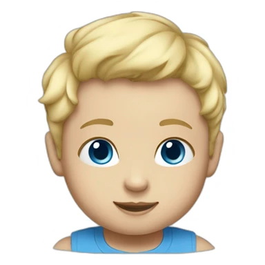 A baby with blond hair, blue eyes and a blue t-shirt sticker