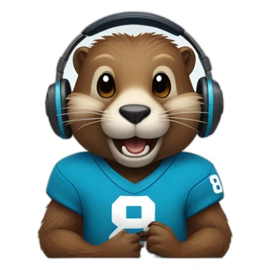 beaver with headphones, two longs front teeths and blue jersey with number 84 sticker