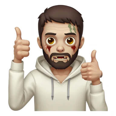 zombie with thumbs up gesture wearing plain white hoodie with no designs, dark brown hair and short full beard sticker