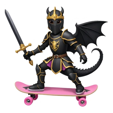 zwarte ridder met een zwarte zwaart en een zwarte schild met een zwarte draak op en hij skate met een roze skatebord sticker
