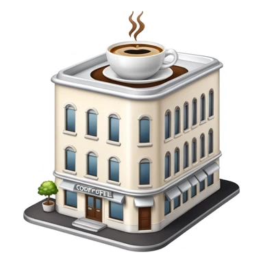 generate realistic detailed building with coffee cup on the top in 3d style sticker