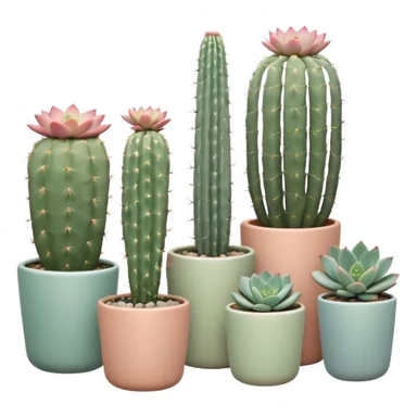 Ceramic pots in pastel colors, tall and short, cylindrical, square, and bowl-shaped, containing cereus cactus plants, hanging cacti, flowering cacti, echeveria succulents, sedum succulents, and graptopetalum succulents placed in a row on the floor sticker