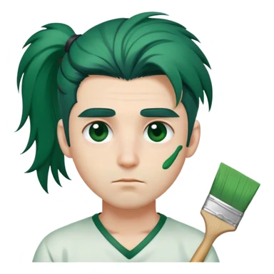 a male with sleepy eyes and dark green hair one side of his eyes is covered by his hair he has a pony tail whitish skin holding a paint brush that massive  sticker