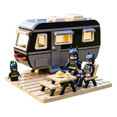  Ultra cute futuristic Lego detailed Batman and pretty Catwoman dream house Caravan with picnic table and folding chairs alone at romantic night  sticker
