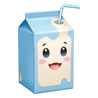 Cute Kawaii Milk Carton, small and boxy, bright pastel blue and white, blushing cheeks, a tiny straw poking out, soft glowing highlights, adorable farm-fresh cuteness! sticker