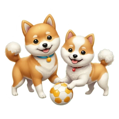 2 dogs, one ginger shiba inu et one white bichon, playing with a ball in a sunny garden sticker