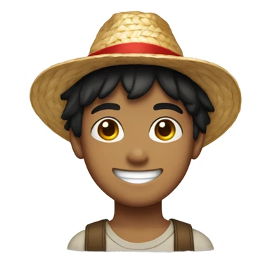 black haired, light skinned smiling, boy wearing a straw hat and a red siglet sticker