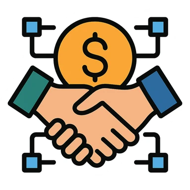 modern simple logo representing a loan protocol, stylized handshake over a coin, subtle blockchain digital network motif, minimalist clean professional sticker