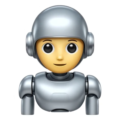 A cute futuristic robot emoji made of silver chrome, rounded friendly body, minimal facial features, glossy metallic surface, soft reflections, iOS emoji style, centered, clean white background sticker