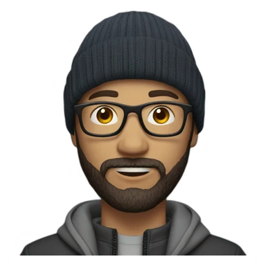 young dark-haired white man with a beanie, glasses and beard sticker