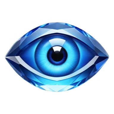 Cinematic Realistic image of a glass Evil Eye blue stone, rendered with translucent, luminous blue hues and finely cut facets that catch soft reflective light, set against a dark, minimalist backdrop to emphasize its mystical allure. sticker