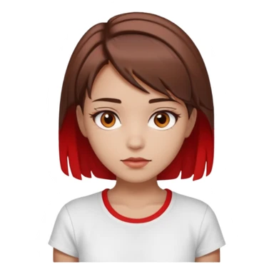 Una ragazza bellissima, truccata un po', con occhi marroni e capelli marroni corti fino alle spalle con due ciocche rosse davanti . Un seno medio. Vestita con una maglietta aestetich bianca  sticker