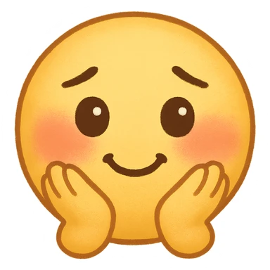 cute emoji, round face, shy smile, hands on cheeks, blushing sticker
