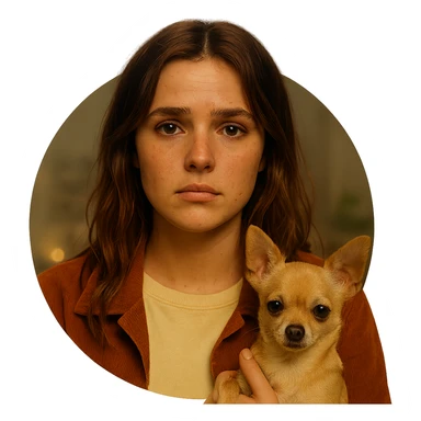 Centered portrait for Instagram profile picture inspired by the facial features visible in the reference images, with a tanned complexion, subtle freckles, shirt color #FFF8CA, rust-colored jacket, medium-length brown hair with auburn highlights, sad and resigned expression, holding a beige-brown chihuahua, Netflix series style, transparent background, intimate Tenerife ambiance. sticker