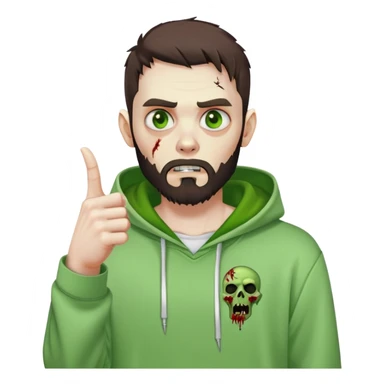 zombie pointing finger, undercut hairstyle with dark brown hair, short full beard, bright green eyes, wearing plain white hoodie sticker