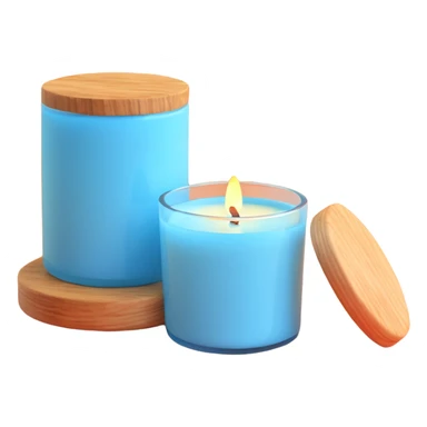 sky blue scented candle with a wooden lid beside it sticker